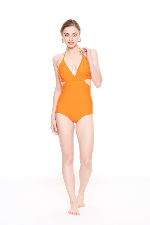 TANGERINE PLUNGE CUT OUT SWIMSUIT (Tangerine, S, Body Fit)